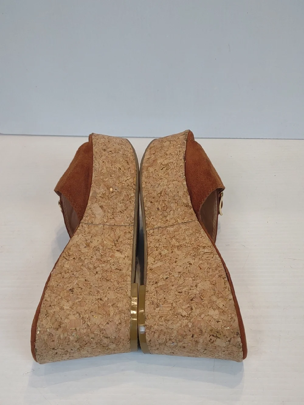 Dolce Vita Hazelwood Brown Suede Cork Wedge Slide with Gold-Tone Buckle Detail